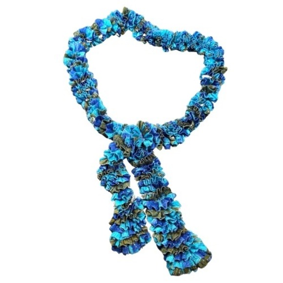 Unbranded Accessories - Sparkle Ruffled Knit Scarf Blue Turquoise Gold Metallic Lettuce Edge Neck Warmer